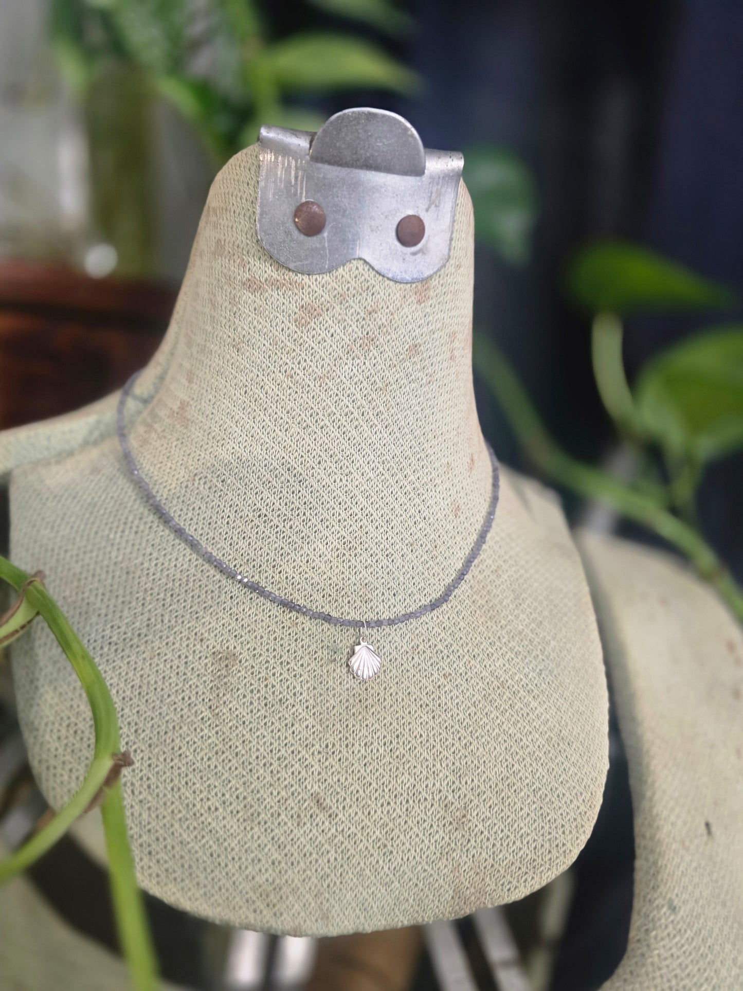 The Shell of Amphitrite – Iolite & Silver Seashell Necklace Talisman