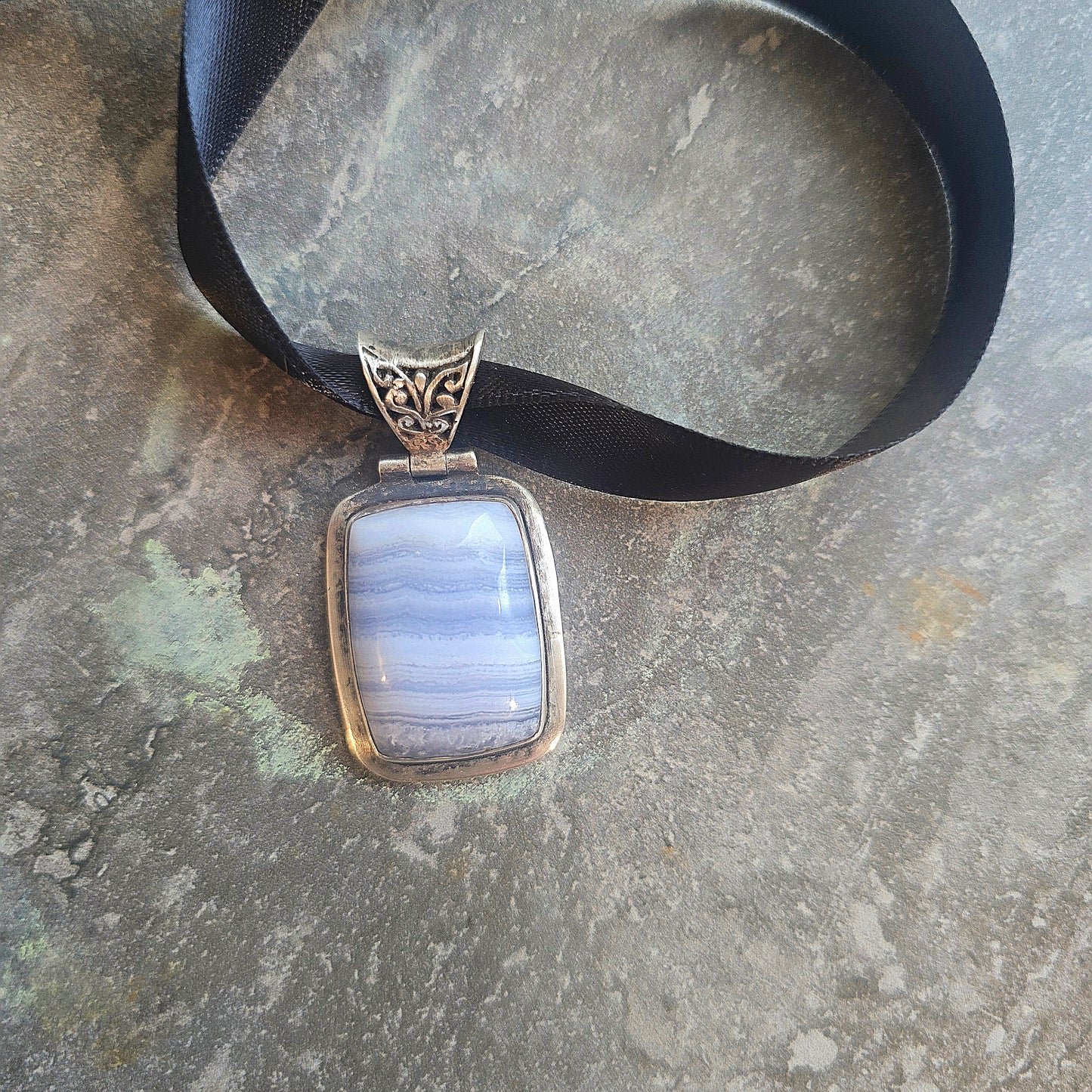 Blue Lace Agate Botanical Cameo Necklace
