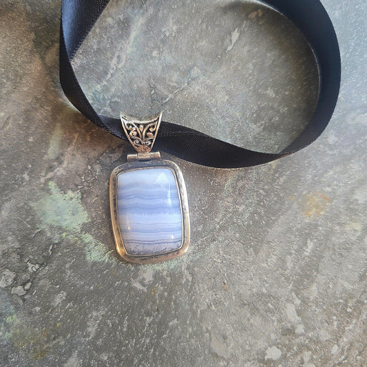 Blue Lace Agate Botanical Cameo Necklace