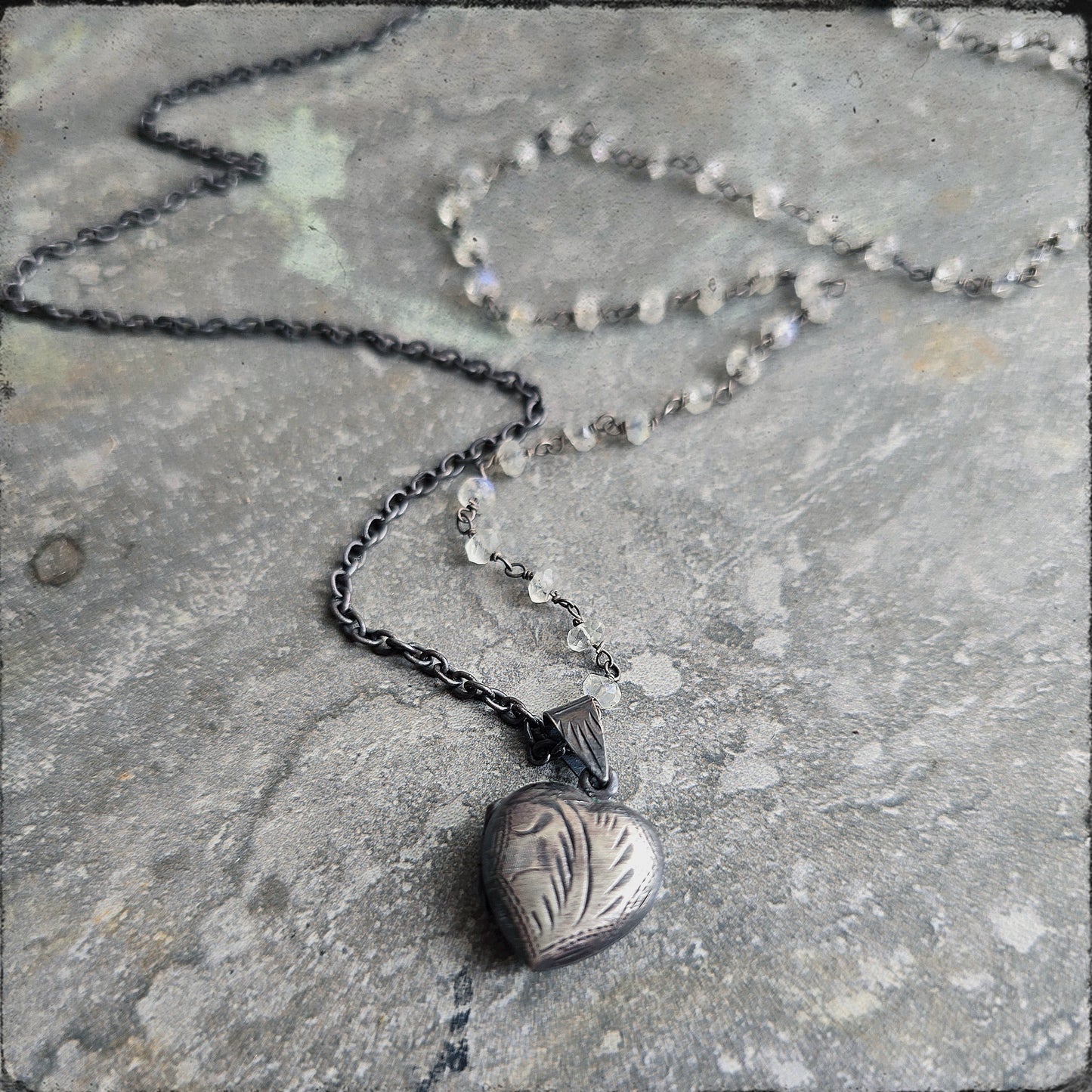 Victorian Inspired Rainbow Moonstone & Heart Locket Necklace