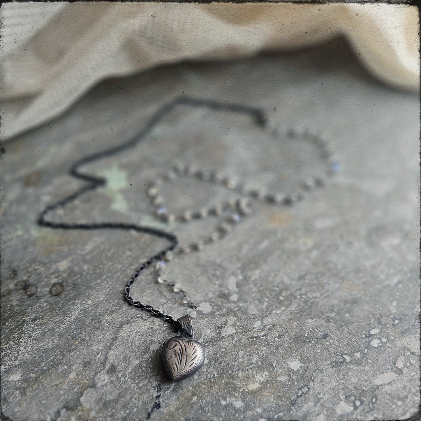 Victorian Inspired Rainbow Moonstone & Heart Locket Necklace