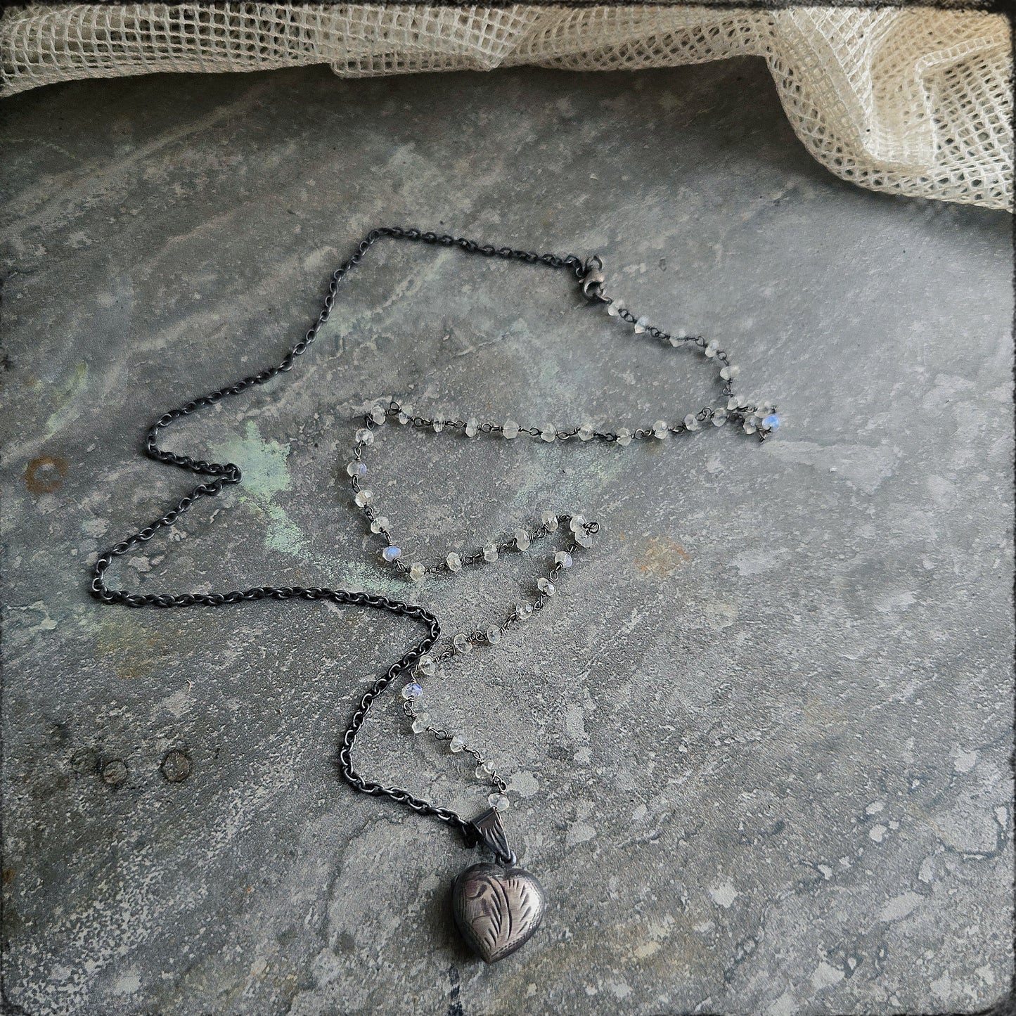 Victorian Inspired Rainbow Moonstone & Heart Locket Necklace